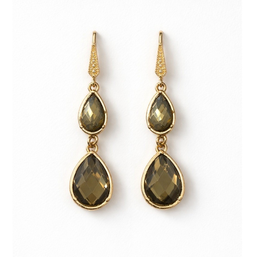 Vintage Drop Earrings Women Gold Tone Smoky Glass Teardrop Art Deco Leverback