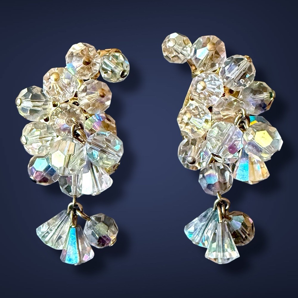 Clip On Earrings Crystal AB Cha Cha Climber Dangle Vintage Mid Century