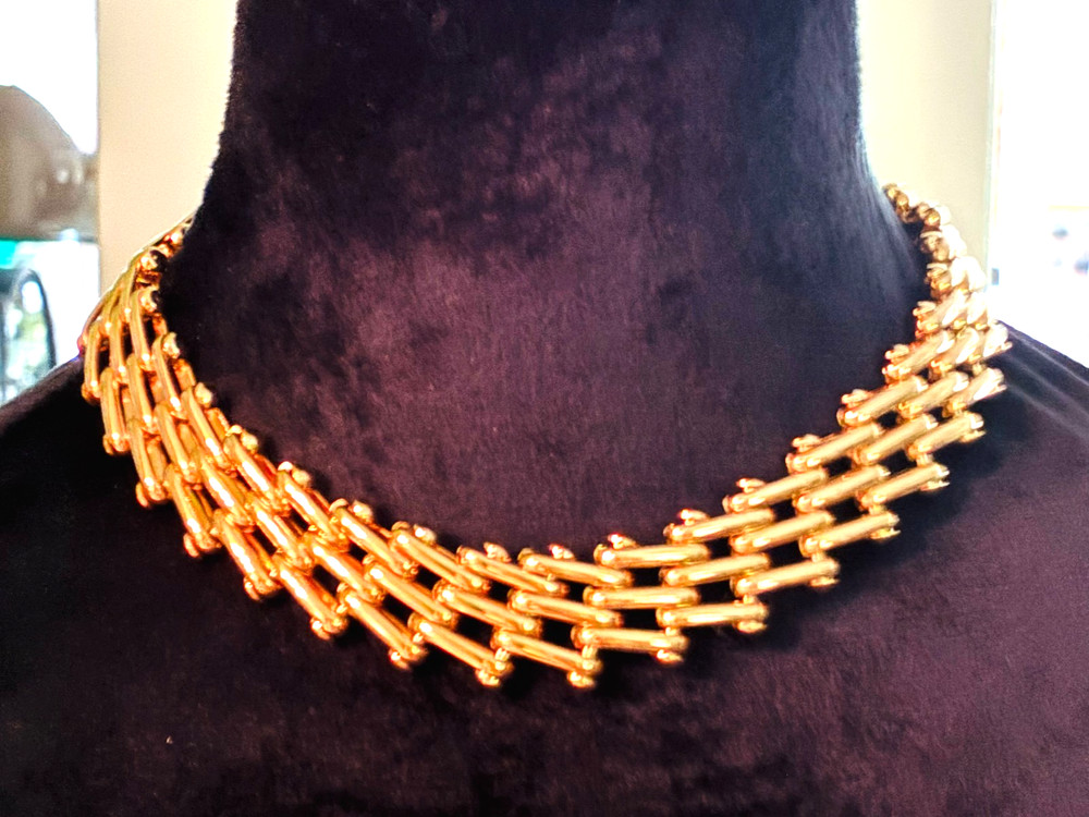 Vintage Dramatic Carole Lee Designer 1980 Gold Tone Lattice Link Signed Necklace