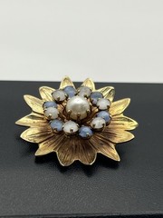 Gold tone blue rhinestone faux pearl flower brooch pin vintage