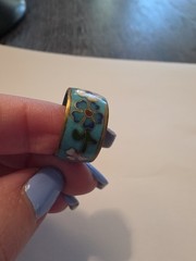 VTG Chinese Blue Cloisonne Enamel And Copper Ring Flowers Leaves Stems Sz 7