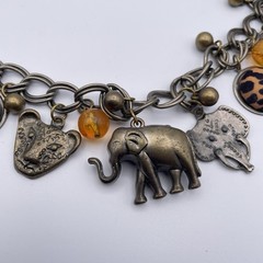 Vtg Elephant Bronze Tone Lion Charm Chunky Link Safari Statement Necklace 22″