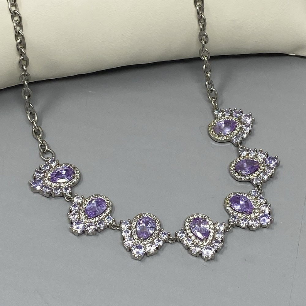 Purple Glass Rhinestone Necklace Silver Tone Links Teardrops Party Glam 20″