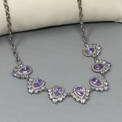 Purple Glass Rhinestone Necklace Silver Tone Links Teardrops Party Glam 20″