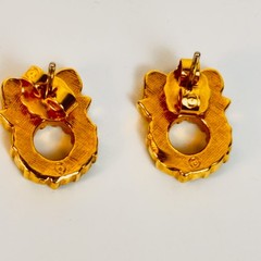 Vintage Christmas Wreath Earrings Gold Red Green Rhinestone Bow Festive Holiday