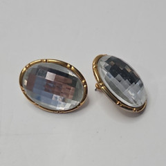 Vintage Style Pierced Earrings Gold Tone Faceted Clear Crystal Cabochons