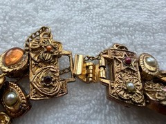 Goldette New York Slide Charm Bracelet Two Row Pearls Multi-Colored Rhinestones