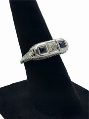 Antique Art Deco 18K White Gold Old Cut Diamond & Blue Sapphire Ring Size 4.5