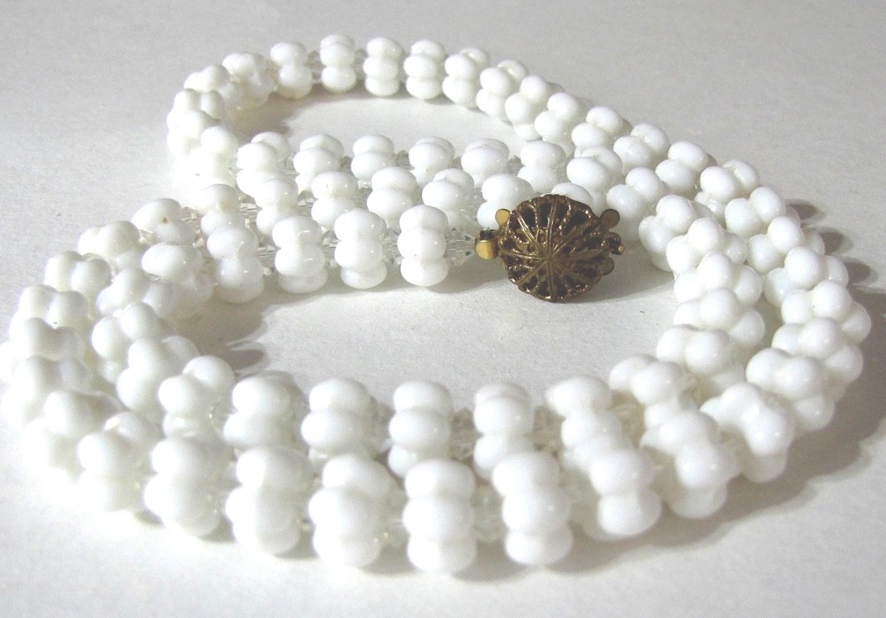 Vintage White Milk Glass Necklace Molded Cloud Bubble Beads Slide Clasp