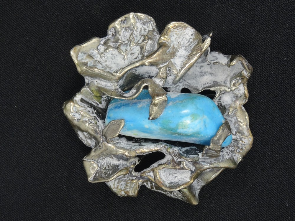 VINTAGE SIGNED HORNA MODERNIST BRUTALIST GEMSTONE STERLING PIN BROOCH ~ 62 mm