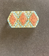 Vintage Nepal Brooch Pin Brass Coral & Turquoise Inlay Tibetan Tribal Jewelry