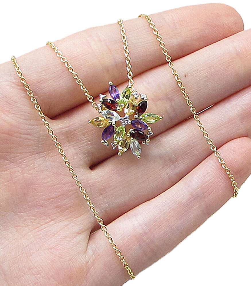 Gold Over 925 Silver Multi Gemstones & Genuine Diamond Pendant & Chain PT1335
