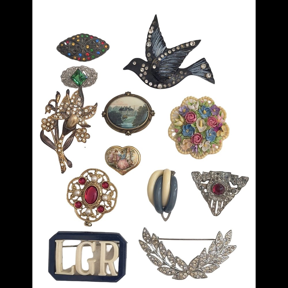 Vintage & Antique Deco Brooch Variety Craft Lot Pot Metal Celluloid Rhinestone