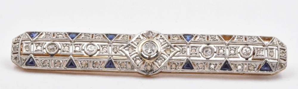 Antique 18ct Platinum Top Mined Diamond & Sapphire Art Deco Bar Pin circa 1920