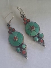 Tibetan Dangle Earrings Silver Tone Turquoise Coral Inlay Jewelry
