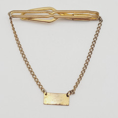 Retro Brass Open Metal Slide Bar with Draping Chain Plaque Vtg Tie Clip Clasp