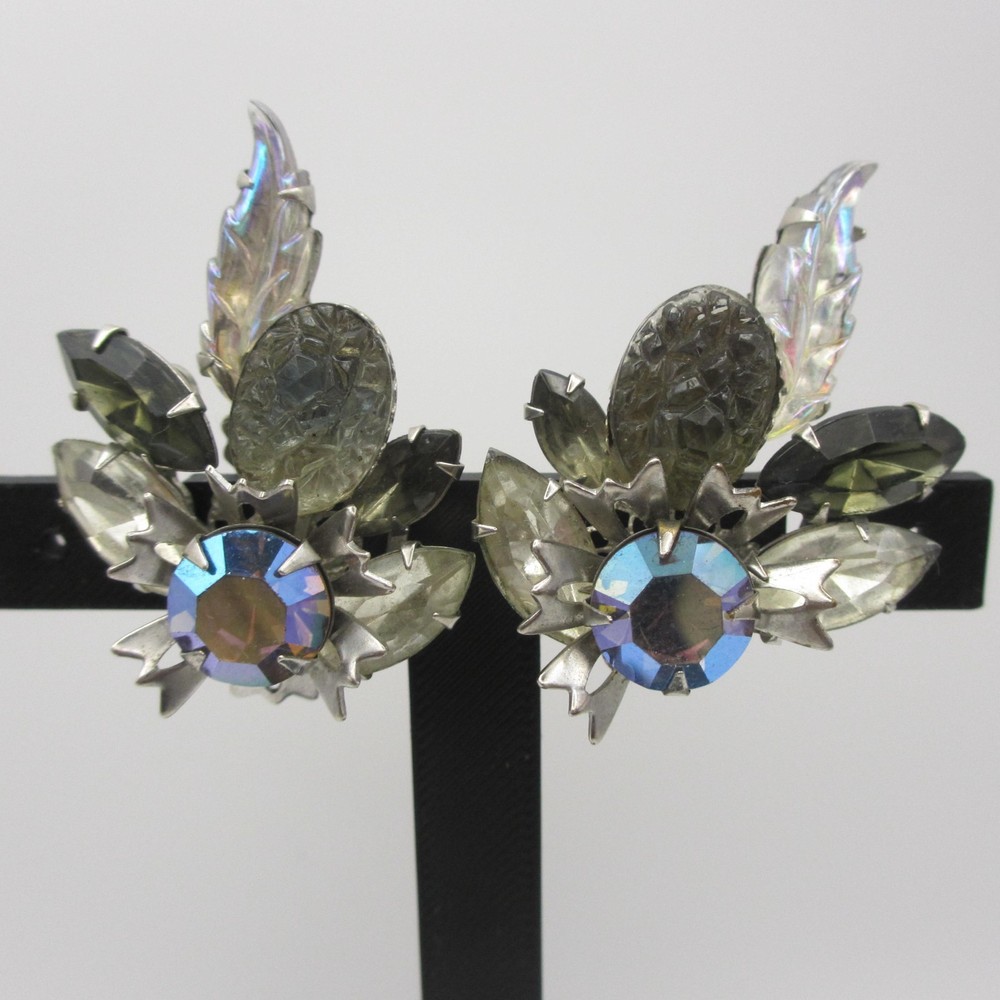 Vintage Judy Lee Earrings Rhinestone Climber Molded Glass AB Silver Tone Clip On