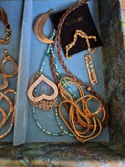 Vtg Jewelry Box With VTG- Now Costume Necklaces, Earings, Brooches, Pins, Etc.