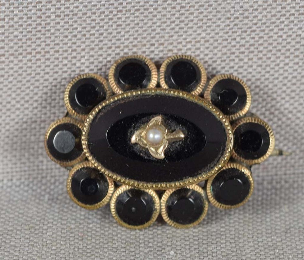 Victorian GILDED BROOCH pearl & black onyx