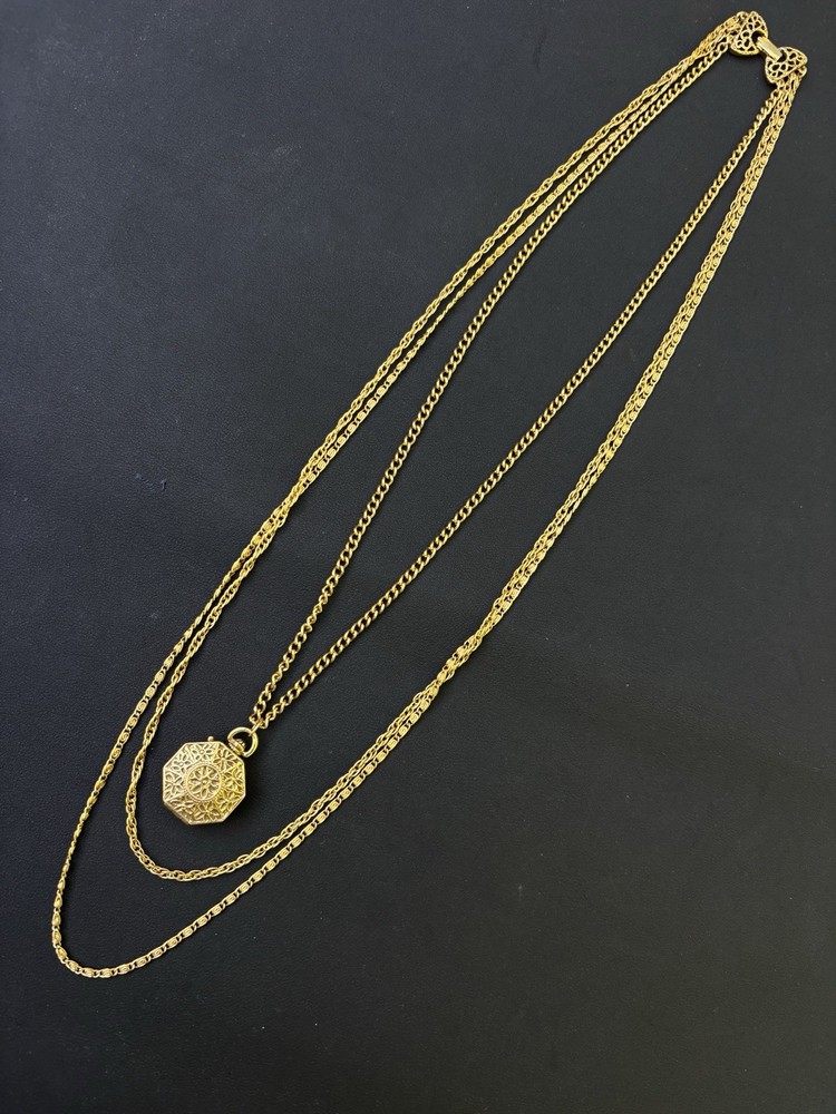 Vintage Goldette Triple Chain Ornate Hexagon Gold Tone Snap Locket Necklace