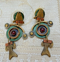 Vtg Mixed Metal Pierced Earrings ARTISAN Dangle Drop Fish ~ Marjorie Bear Style