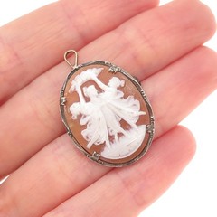 800 Silver Antique Art Deco Real MOP Carved Muses Cameo Pin Brooch / Pendant