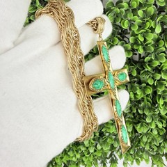 Vintage Whiting Davis Gold Tone Chunky Cross Faux Stones Long Pendant Necklace