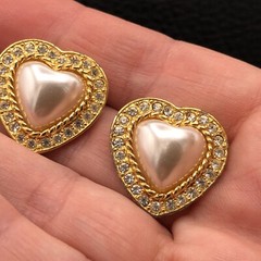 Vintage Rhinestone Heart Earrings Faux Pearl Gold Tone Posts 80s 90s Signed JS