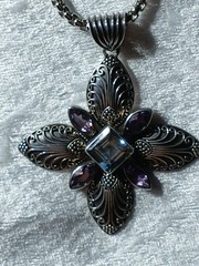 Vintage Gemala Blue Topaz and Amethest 925 Sterling Silver Pendant And Chain