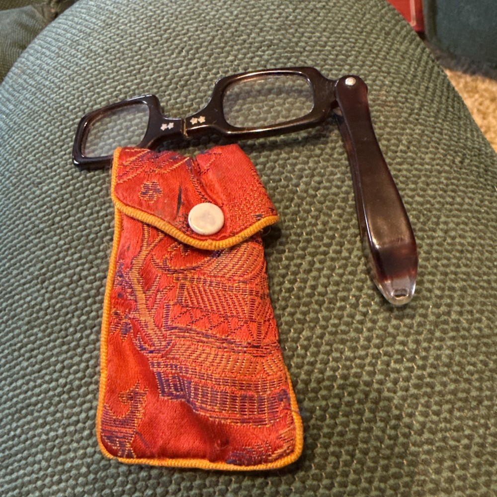 Antique Hong Kong Folding Lorgnette / Opera Eye Glasses With Soft Oriental Pouch