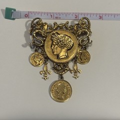 Vintage Gold Tone Regina II Faux Coins Brooch Pin 2.5 Inches