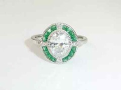 Art Deco Style Lab Created Diamond & Emerald Engagement 14K White Gold FN Ring