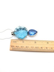 Vintage Carved Blue Topaz Flower Sterling Silver 925 Large Pendant Necklace