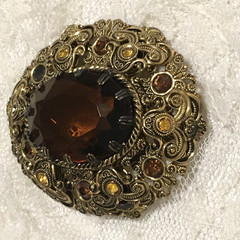 Vintage W Germany Brooch Gold Tone Brown Yellow Rhinestones
