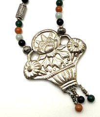 Vintage Chinese Lotus Pendant Necklace Semi Precious Stone Bead Amulet Statement