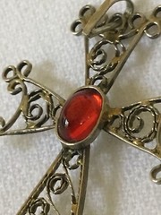 Vintage Armenian Silver Filigree Khachkar Cross Pendant With Red Cabochon Stone