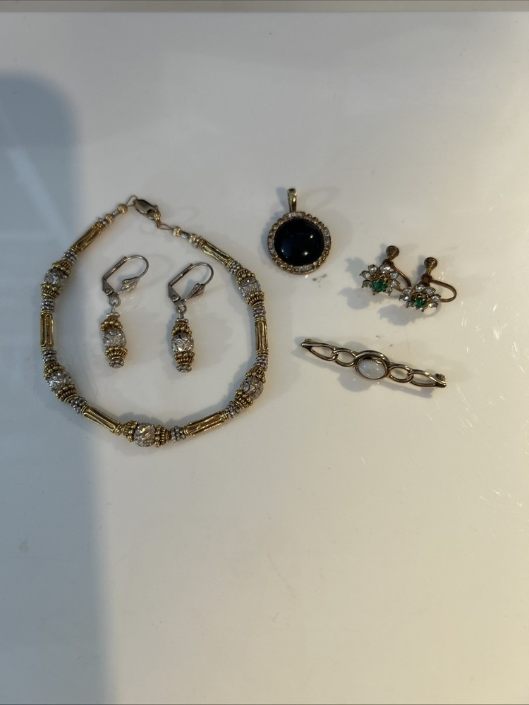 Vintage Gold Tone Jewelry Lot Mixed Materials Wearable Rhinestone, 7” Bracelet