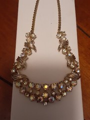 Vintage Aurora borealis gold tone bib necklace adjusts up to 19″ glamorous