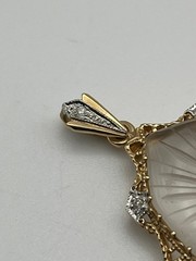 14K Solid Gold Art Deco Camphor Glass Diamond Filigree Pendant Brooch Pin 1.5″
