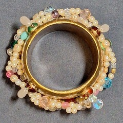 OOAK Vnt. 1980s-1990s “Ross Madole” Cuff Bracelet/Gold Leaf w Faux Pearls & Gems