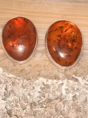 Vintage Pre- Historic Amber Sterling Silver Oval Clip-On Earrings TW. 6 Grams