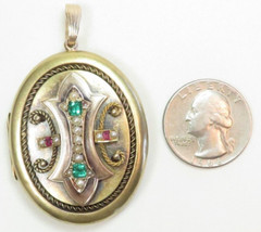 Victorian 1800’s 2 Picture Engraved Locket 19/13K Yellow Gold Emerald Ruby Pearl