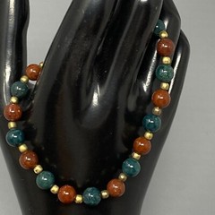 Gemstone Bracelet Brown Green Stone Bead Gold Tone Spacer Healing Chakra Vtg 7.5