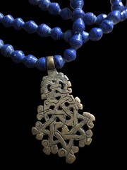 Vintage Lapis Blue Color 3 Strand With Brass Pendant Necklace