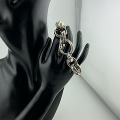 Vtg SilverT Bracelet 74 Grams 7.25”L Chunky Rhinestone Faux Pearl Rings Toggle