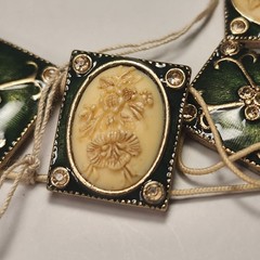 Vintage 1930s Guilloché Enamel Celluloid Cameo Panel Bracelet Art Deco Green