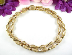 Double Strand GOLDTONE BEADED NECKLACE Vintage Choker Football Beads 15.5 In