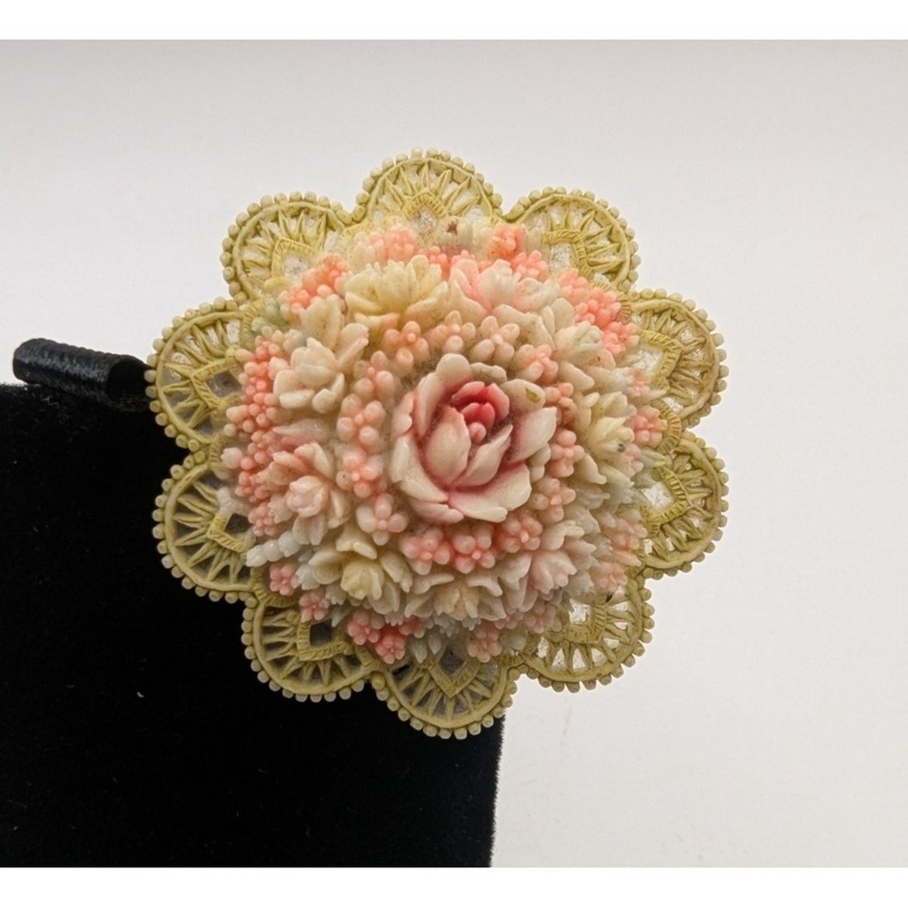 VINTAGE Floral Celluloid Brooch Pink Cream Layered Bouquet 2.25in Japan READ
