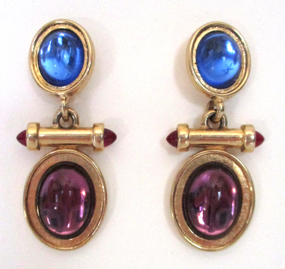 Vintage Monet Blue Purple Cabochon Pierced Dangle Earrings Gold Tone 1980s