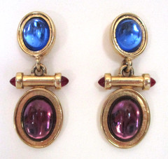 Vintage Monet Blue Purple Cabochon Pierced Dangle Earrings Gold Tone 1980s
